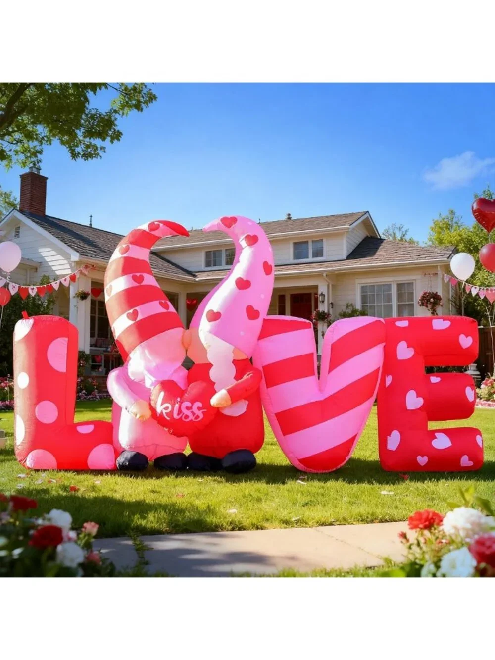8ft Love Inflatable with Kissing Gnomes, LED Lights for Valentine's Day Decor